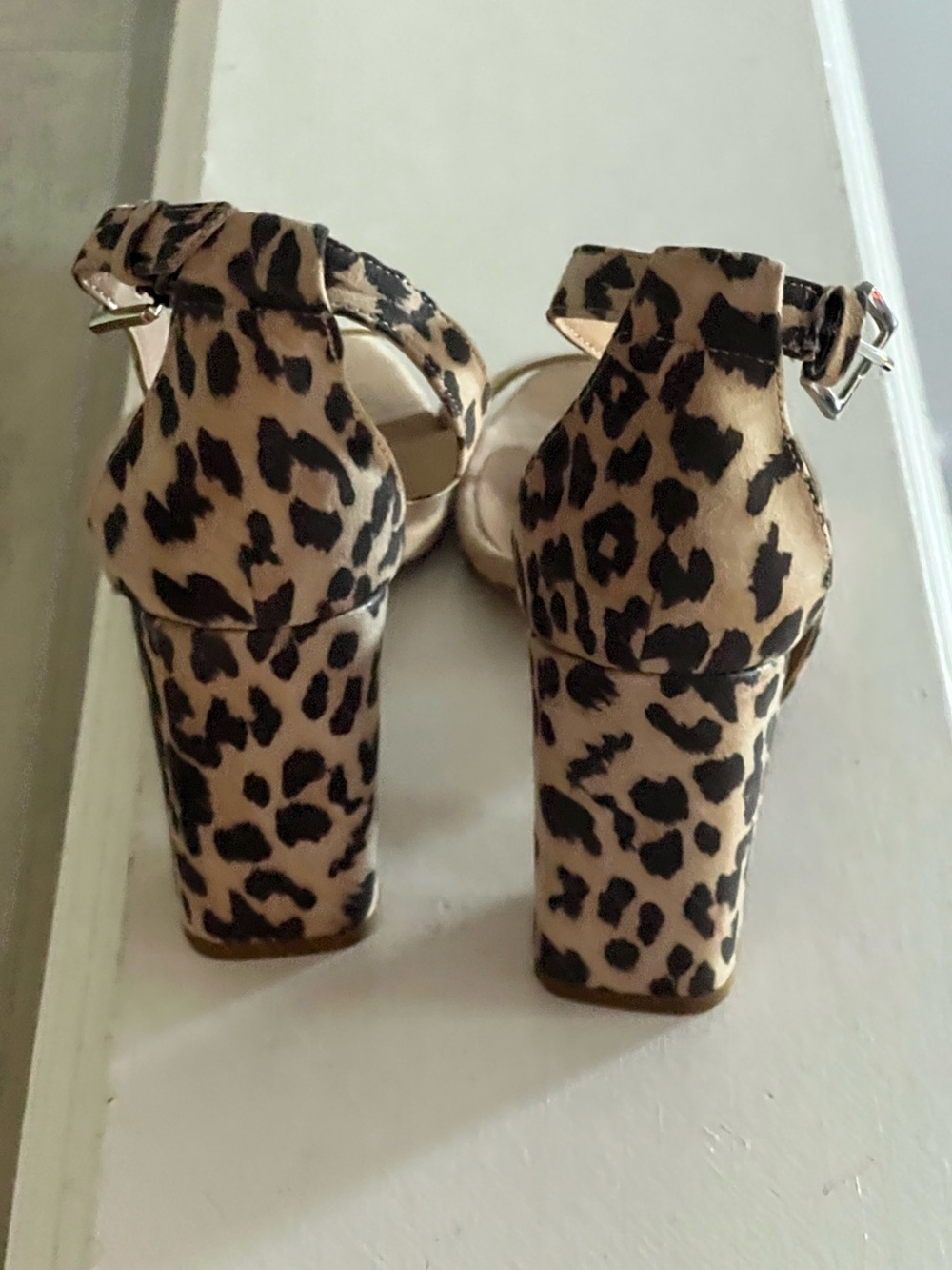 New York & Company Leopard Print Block Heel Ankle Strap Sandals - tan & black